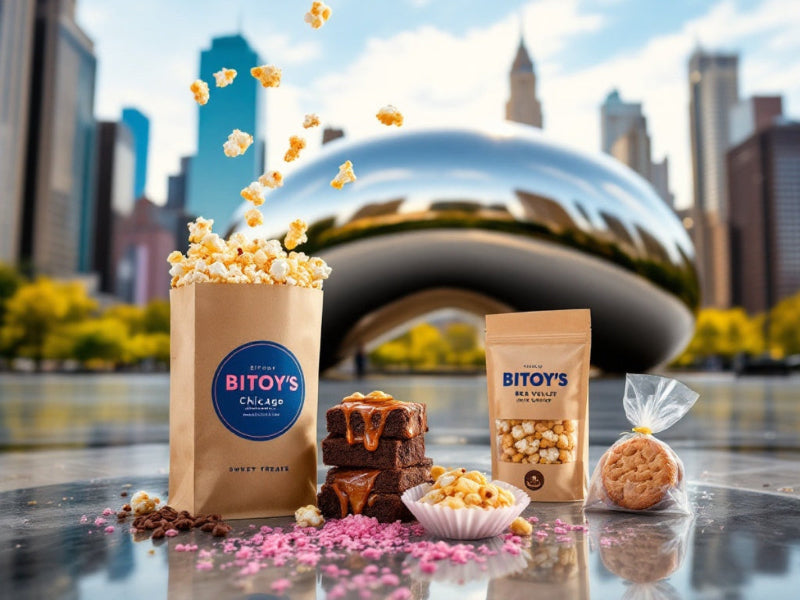 Gourmet caramel popcorn drizzled with rich chocolate, freshly crafted by Bitoy's Brands – a luxury treat made with love in Chicago, available at O’Hare, Midway, and HSN."